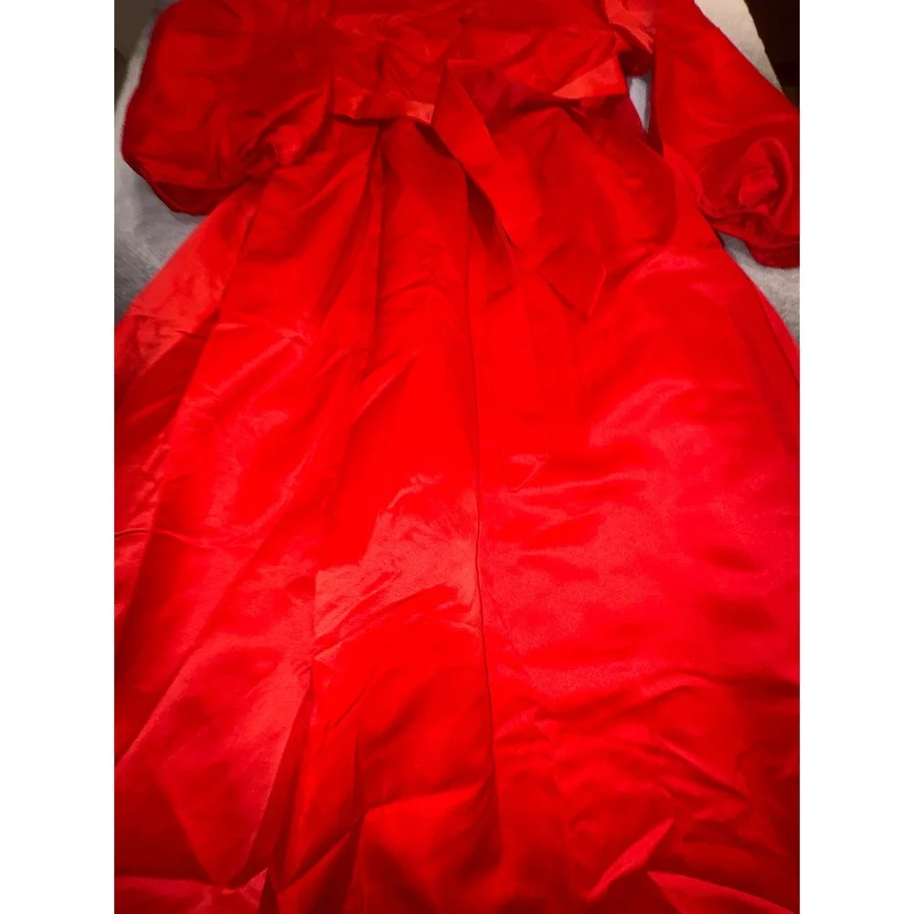 Red Satin Lantern Sleeve Midi Dress‎ XL Button Front Belted A-Line Formal Party